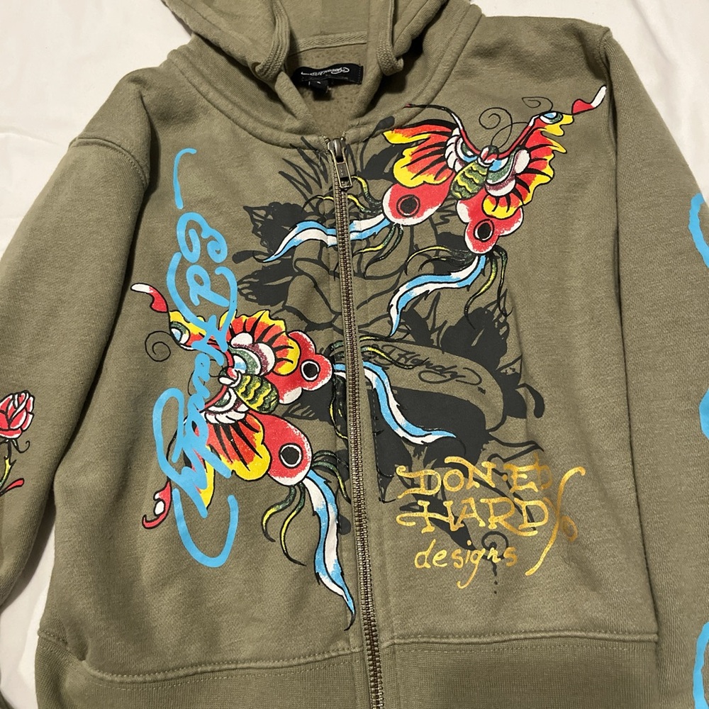 Ed Hardy Khaki Hoodie with Vibrant Design - Picture 2 of 8